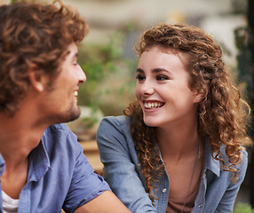 Image showing Couple, face and happy with relax on date for bonding, relationship and love for anniversary vacation. Smile, man and woman on honeymoon, holiday and travel with care, romance and break outdoor