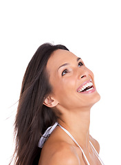 Image showing Happy woman and bikini with looking up, makeup and laughing with smile in a studio. Cosmetics, skincare and dermatology with an excited female person with skin glow, beauty and white background