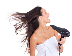 Image showing Woman, hair and blow dryer in studio for beauty treatment on white background or salon product, wellness or routine. Female person, equipment and towel for morning care in London, cleaning or mockup