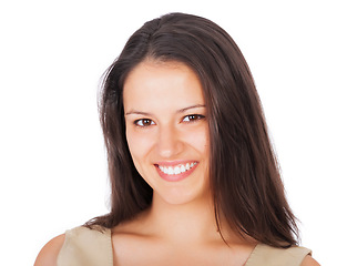 Image showing Smile, style and portrait of woman in studio with elegant, classy and trendy dress for outfit. Confident, happy and face of female person with fancy fashion and positive attitude by white background.