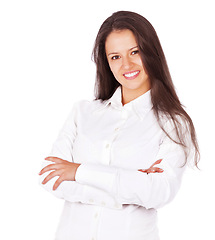 Image showing Businesswoman, portrait and smile with confidence in studio as financial consultant for investment, finance or accounting. Female person, face and white background in London, legal advice or mockup