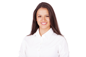 Image showing Businesswoman, portrait and corporate confidence in studio as financial consultant for investment, finance or accounting. Female person, face and white background in London, legal advice or mockup