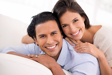 Image showing Relax, embrace and portrait of happy couple on sofa for weekend bonding, romance and connection in home. Love, support and trust in marriage, man and woman on couch with hug, wellness and smile.