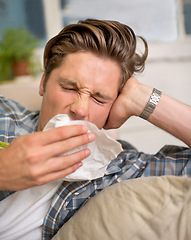 Image showing Sick, flu or man sneezing into tissue on sofa with cold, virus or hay fever at home. Influenza, allergies or person with toilet paper for viral infection, bacteria or coughing with sinusitis in house