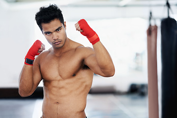 Image showing Portrait, man and boxer in gym for sports, training or competition for body health. Fighter, athlete and serious person with muscle on abs for fitness, exercise and martial arts at club in Brazil