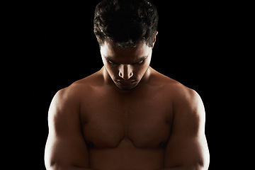 Image showing Fitness, body and man in studio for thinking, wellness or muscle training results on black background. Chest, abs and topless male model with workout ideas, goals and healthy lifestyle inspiration