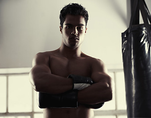 Image showing Man, portrait and confident with boxing gloves in gym for combat sport, fitness and competition for strong people. Male fighter, determined and ready for self defense, focus and fit with muscles
