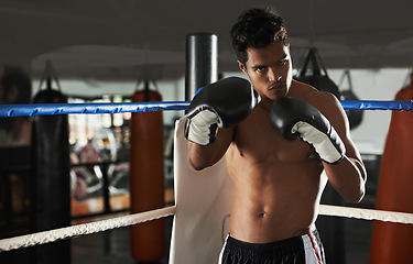 Image showing Portrait, man and boxing ring for sports, exercise or competition in gym for body health. Fighter, serious face and athlete with gloves for fitness, training or workout with stance at club in Brazil