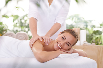 Image showing Smile, portrait and woman or hands with massage for relax, luxury treatment and happiness with towel. Person, face and masseuse for body care, pain relief and comfort with spa, wellness and skincare