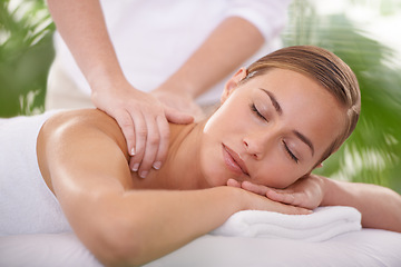 Image showing Spa, face and woman or hands with massage for relax, luxury treatment and satisfaction with towel. Person, calm and masseuse for body care, pain relief and comfort with leisure, wellness and skincare