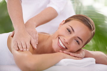 Image showing Happy, portrait and woman or hands with massage for relax, luxury treatment and satisfaction at spa. Person, face and masseuse for body care, pain relief and comfort with smile, wellness and skincare