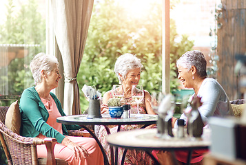 Image showing Lunch, wine and laugh with elderly friends in restaurant for bonding, date and relax. Retirement, hospitality and happiness with group of senior people with drink for social, memory and support