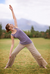 Image showing Woman, yoga and pilates on field in nature for outdoor workout, exercise or health and wellness. Young female person or yogi stretching body for zen, training or balance in wellbeing on green grass