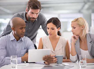 Image showing Business people, group and reading or planning on tablet with corporate research, brainstorming and diversity. Collaboration, team and employees with technology, meeting and discussion at workplace