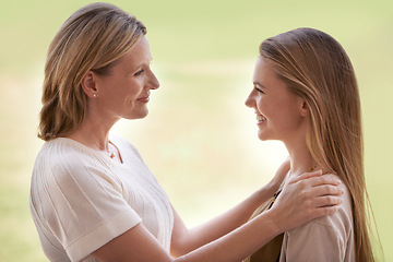Image showing Women, mother and daughter with embrace, smile and mature person with connection, care and love. Mom, girl and family with bonding, reunion and support with relationship, happy and together