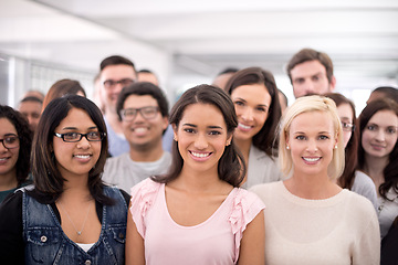 Image showing Portrait, group of professional people and team at startup, support with trust and happy working together. About us, solidarity and loyalty with respect for collaboration at creative agency and unity