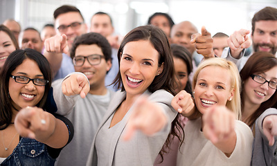 Image showing Business people, group and point at you in portrait with excited smile for recruitment, choice or opportunity. Human resources, teamwork or staff with sign for decision with men, women and onboarding