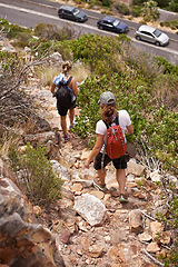 Image showing Woman, friends and hiking with backpack on mountain, rocky trail or outdoor path in nature. Rear view of female person or hiker walking down cliff for trekking, fitness or adventure together outside