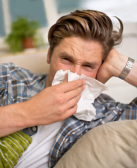 Image showing Flu, tissue and portrait of man on sofa with cold, influenza and virus infection at home. Sick, allergies and person with handkerchief or toilet paper for sneeze, bacteria or sinusitis in living room