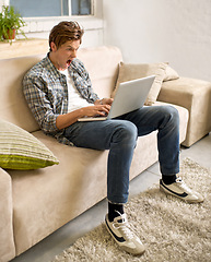 Image showing Remote work, stress and man screaming at laptop on sofa with glitch, mistake or 404 at home. Freelance, anger or male telework consultant frustrated by connection, fail or deadline disaster in house