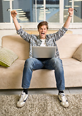 Image showing Wow, portrait and happy man with laptop celebration on a sofa for online competition success at home. Excited, face and male winner in living room with pc alert for giveaway, prize or sign up reward