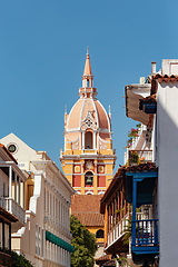 Image showing Heritage town Cartagena de Indias, beautiful colonial architecture in most beautiful town in Colombia.