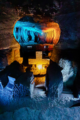 Image showing Magnificent cross glows with spiritual light in famous underground Catedral de Sal (Salt Cathedral) of Zipaquira, Colombia