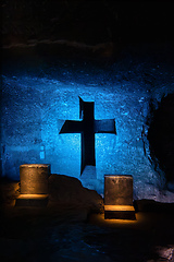 Image showing Magnificent cross glows with spiritual light in famous underground Catedral de Sal (Salt Cathedral) of Zipaquira, Colombia