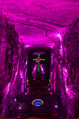 Image showing Magnificent cross glows with spiritual light in famous underground Catedral de Sal (Salt Cathedral) of Zipaquira, Colombia