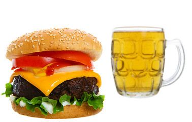 Image showing Cheeseburger with beer