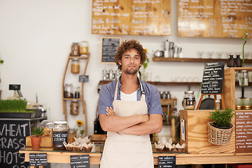 Image showing Portrait, welcome and man with confidence in cafe for service with happy small business owner. Local coffee shop, restaurant or bistro manager with smile, hospitality or entrepreneur at startup deli.