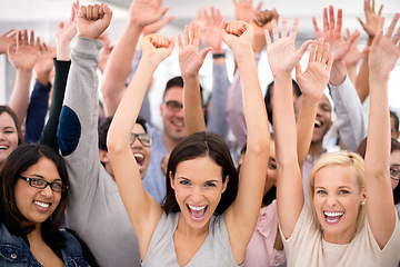 Image showing Cheers, success and professional group of people at startup, winning or reward with achievement at company. Target, goals and bonus for project with portrait, teamwork and support at creative agency