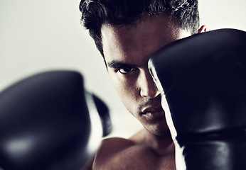 Image showing Portrait, man and boxer in training, exercise and workout for body health isolated on a grey studio background. Fight, serious face and athlete in gloves for fitness, sports and stance in Brazil