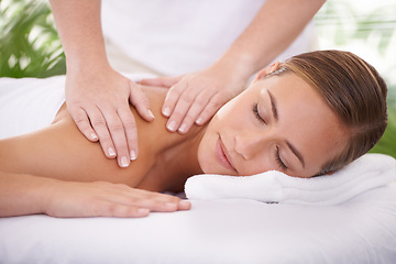 Image showing Spa, face and woman or hands with massage for relax, luxury treatment and satisfaction with towel. Person, calm and masseuse for body care, pain relief and comfort with smile, wellness and skincare