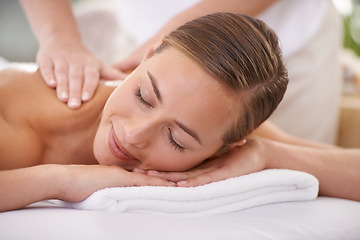 Image showing Spa, face and woman or hands with massage for relax, luxury treatment and happiness with towel. Person, calm and masseuse for body care, pain relief and comfort with smile, wellness and skincare