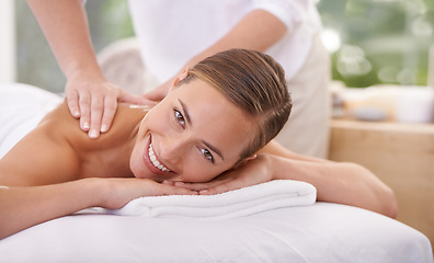 Image showing Smile, portrait and woman or hands with massage for relax, luxury treatment and happiness with towel. Person, face and masseuse for body care, pain relief and comfort with spa, wellness and skincare