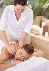 Image showing Spa, woman and masseuse with massage for relax, luxury treatment and satisfaction with towel outdoor. Person, face and wellbeing for body care, pain relief and comfort with wellness and skincare