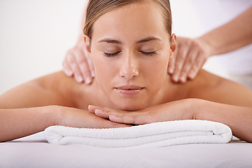 Image showing Spa, face and woman or hands with massage for relax, luxury treatment and satisfaction with towel. Person, calm and masseuse for body care, pain relief and comfort with health, wellness and skincare