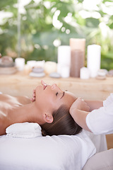 Image showing Spa, head and woman or hands with massage for relax, luxury treatment and satisfaction with towel. Person, face and masseuse for body care, pain relief and comfort with calm, wellness and skincare