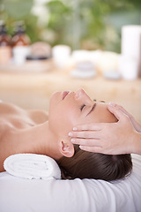 Image showing Spa, head and woman or hands with massage for relax, luxury treatment and satisfaction with towel. Person, calm and masseuse for body care, pain relief and comfort with health, wellness and skincare