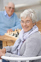 Image showing Chess, game and happy portrait with old people together in retirement to relax with happiness. Elderly, man and woman outdoor with a smile for winning competition, checkmate or activity with strategy