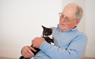 Image showing Happy, home and senior man with a cat, love and playing with joy and caring with support and smile. Pensioner, apartment and old person with animal and cheerful with a pet and relaxing in a lounge