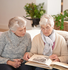 Image showing Elderly women, friends and photo album for memory nostalgia in retirement or together, photograph or connection. Old people, past and picture book in apartment for bonding in Canada, remember or love