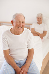 Image showing Senior man, couple and portrait in bed, smile and relaxing together in retirement at home. Elderly people, bedroom and happy in marriage or relationship, love and bonding for romance on weekend