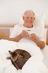 Image showing Senior man, coffee and portrait in bed, smile and relaxing in retirement at home. Elderly male person, bedroom and happy in apartment, cat and hot beverage for peace or calming drink on weekend