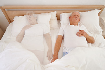 Image showing Sleeping, ghost and senior man in bed, depression and ghost of wife or spouse in bedroom. Elderly male person, mental health and dream at home, spirit and haunted by lonely or past memory in nap