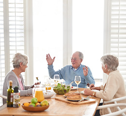 Image showing Wine, conversation and senior friends at lunch in home with smile, celebration and retirement. Food, drinks and bonding with memory, old man and women at dinner table together for happy brunch.