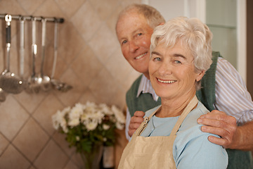 Image showing Couple, elderly and portrait with smile in kitchen for love, bonding and cooking together in home for anniversary. Happy, man and woman in house for commitment, retirement and dinner for enjoyment