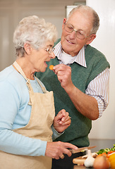 Image showing Senior couple, cooking and taste in kitchen, food preparation and love at home. Elderly people, healthy meal and organic ingredients for nutrition, cutting vegetables and diet for detox in retirement