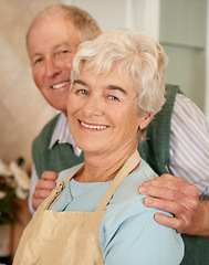 Image showing Couple, elderly and portrait with smile in home for love, bonding and retirement with pension. Happy, man and woman with apron in house for commitment, cooking and dinner together for enjoyment